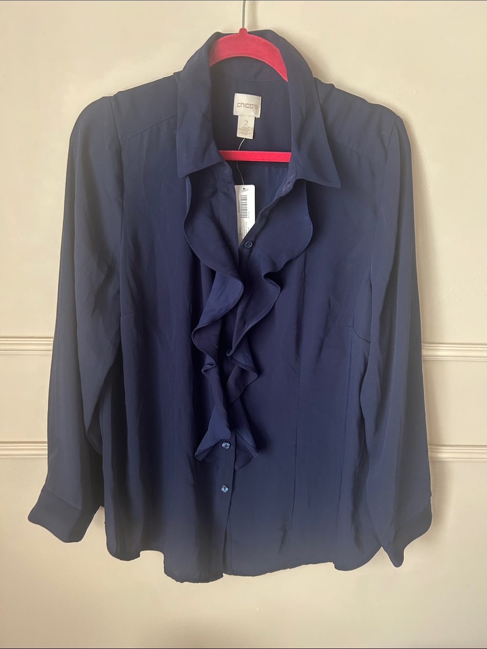 Chico's Navy Ruffle-Front Button Blouse